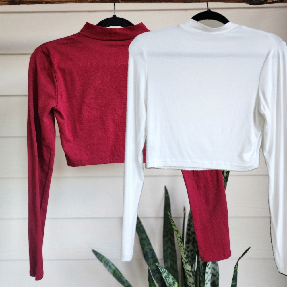 Pair of Cropped long sleeve white and burgandy mock turtleneck tops